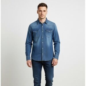 Wrangler Mens Blue Denim Western Snap Front Shirt Long Sleeve Flex Comfort Small